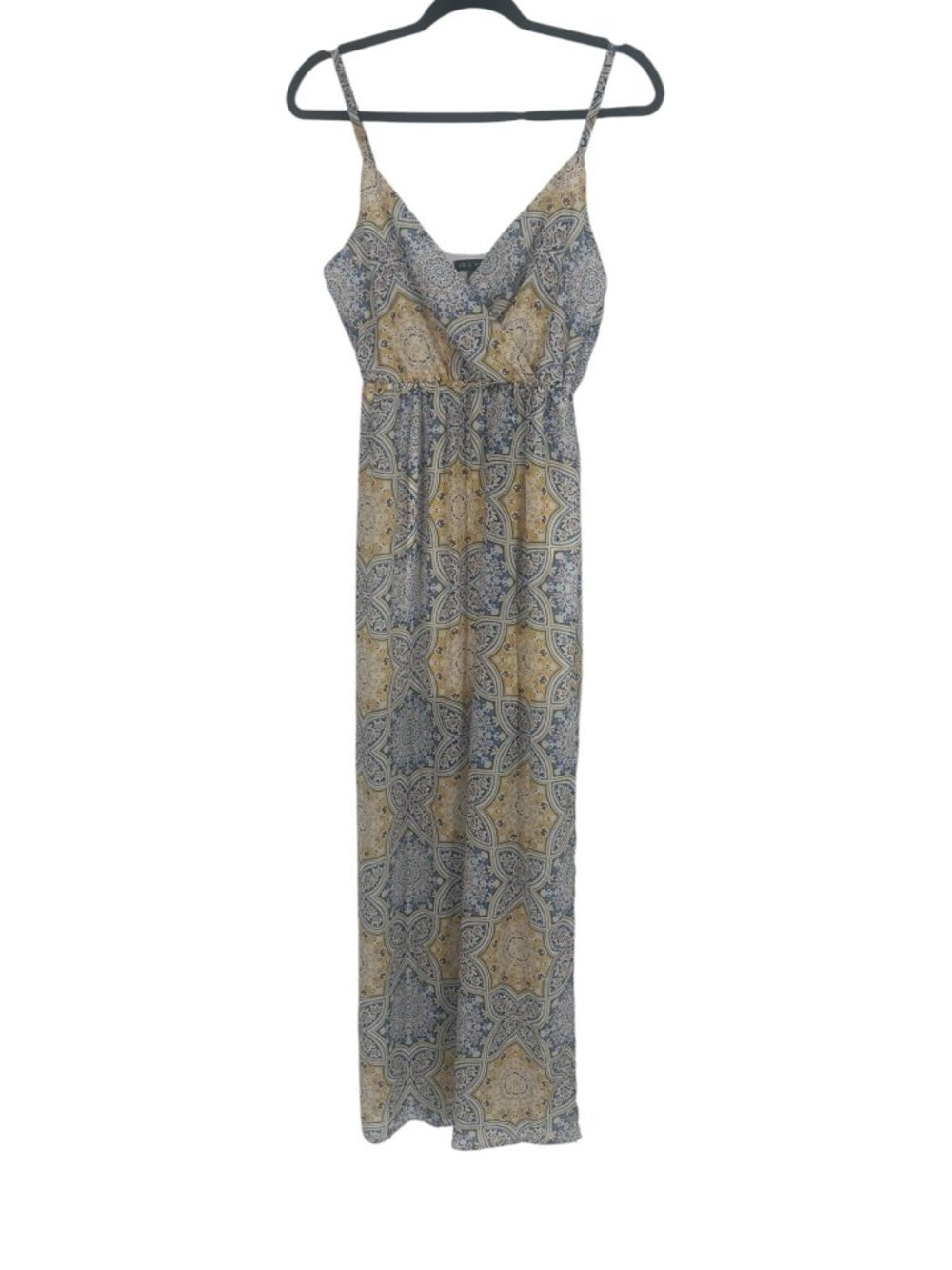 As You Wish Maxi Dress XS Blue Tile Print Surplice Smocked Boho Summer